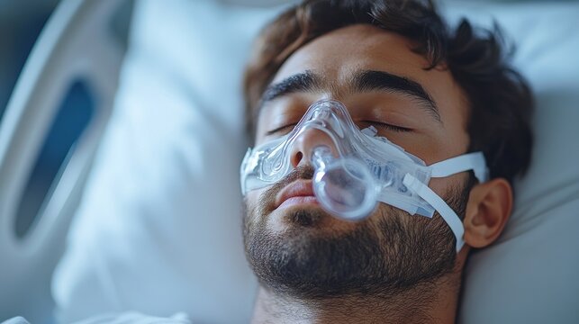 close up side view of a male patient sleeping in a hospital bed,oxygen mask in white room young man recovering after sickness or getting obstructive sleep apnea therapy in hospital ward,stock image