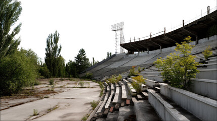 Fototapeta premium Forgotten Arena: A stark image of an abandoned stadium, reclaimed by nature, presents a powerful study of decay and the passage of time.