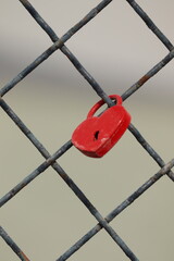 Red heart lock on a fence in front of lake Balaton