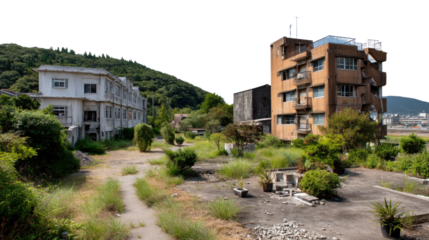 Abandoned Buildings Overgrown with Vegetation: Two derelict buildings, one a vintage structure and the other a multi-story apartment block, stand amidst overgrown vegetation.
