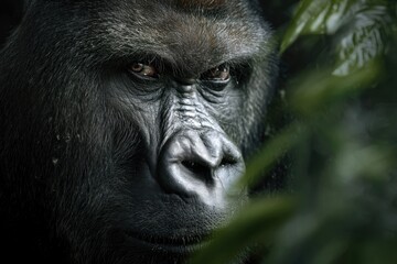 Obraz premium A powerful gorilla intensely stares with striking detail amidst lush jungle foliage, evoking a sense of primal strength and quiet dignity.