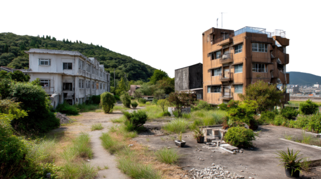 Abandoned Buildings Overgrown with Vegetation: Two derelict buildings, one a vintage structure and the other a multi-story apartment block, stand amidst overgrown vegetation.