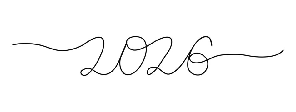 2026 numbers in one line art drawing text. Typography for Happy New Year greeting cards, banner, poster. Handwritten modern black continuous editable stroke lettering.