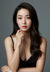 Portrait of a Beautiful Young Asian Woman with Long Dark Hair, Wearing a Black Top,  Studio Shot,  Perfect Skin, Elegant and Confident