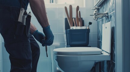 Plumber installing a new toilet in a bathroom. Featuring home renovation and plumbing expertise