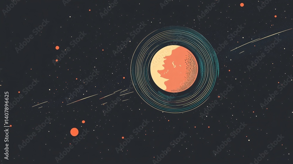 Poster vinyl record spinning in space with planets and stars rotating around