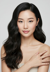 Fototapeta premium Portrait of a Beautiful Young Asian Woman with Long, Wavy Black Hair and Smooth, Radiant Skin: Perfect for Beauty, Skincare, and Haircare Advertising