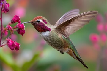 Fototapeta premium A vibrant hummingbird delicately sips nectar from a blooming flower, showcasing intricate wing details and rich, saturated colors in a lush garden setting.