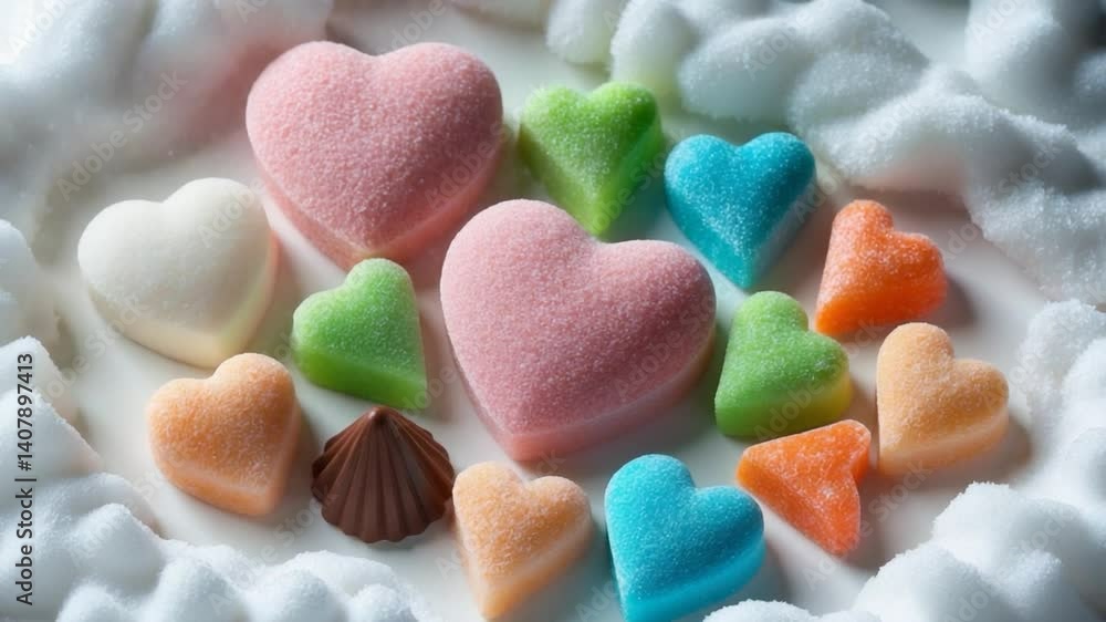Poster an array of colorful heart-shaped sugar treats placed on a pristine backdrop, producing a whimsical 