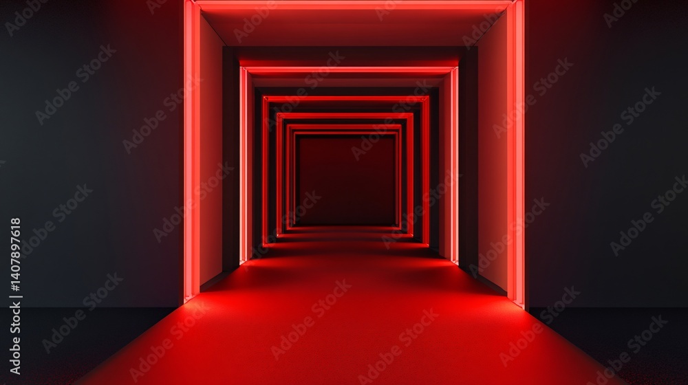Poster red neon lights illuminating dark corridor creating modern futuristic atmosphere