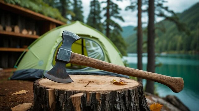 An aged axe positioned on a stump in front of a shelf. Idea: outdoor dining, exploring. Close-up shot.