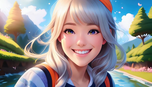 Radiant Smiling Anime Girls Illustrations in Vibrant Hues, Showcasing Joyful Expressions Amidst EyeCatching Artistic Backdrops, Creatively Captured on February th, .