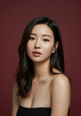 Beautiful Asian Woman with Long Black Hair and Smooth Skin, Portrait Photography against a Maroon Background, Ideal for Beauty, Fashion, and Cosmetics Advertising