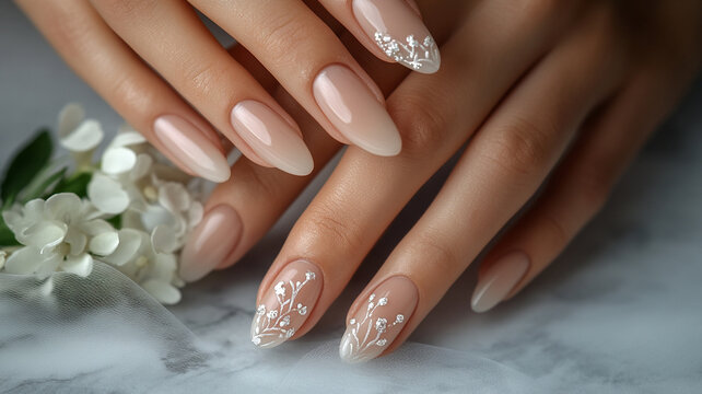 Elegant feminine hands with well manicured nails featuring nude base and delicate white floral designs. soft colors and intricate details create sophisticated look