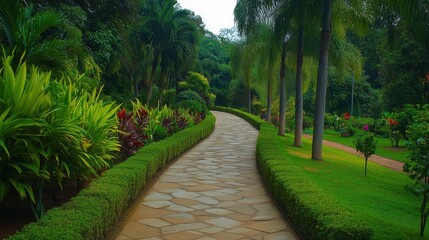 Obraz premium Tree Path in the Park: Scenic Footpath Through Lush Green Forest