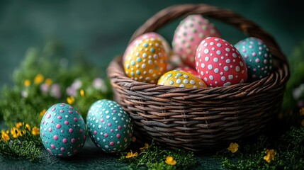 colorful decorated easter eggs placed near a wicker basket on a green surface embodying the festive,joyful vibe of easter celebrations,stock photo