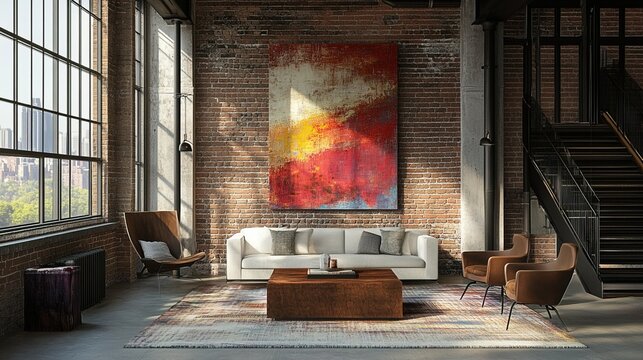 A chic loft living room with exposed brick walls, industrial lighting, and modern furniture. A large abstract painting serves as a focal point on one wall.