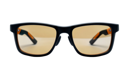 Stylish Eye Protection: A close-up captures a pair of sleek, modern glasses with orange-tinted lenses, exuding contemporary flair and essential eye protection.