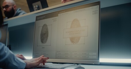 Airport Check-in Counter: Airline Agent Checking Biometric Data of Passenger on Computer in Airport...