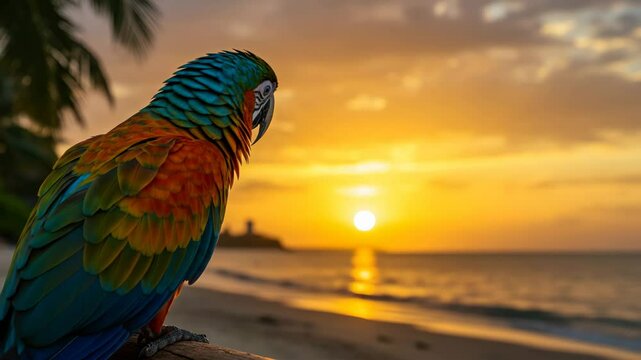 Colorful Macaw Parrot at Sunset on Tropical Beach