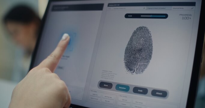 Airport Check-in Counter: Close Up of Woman Putting Finger on Touch Screen to Scan Fingerprint. Digital Tablet Program for Checking, Verification Passenger Biometric Data for Flight. Airport Terminal. - Powered by Adobe