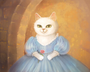 Elegant White Cat in Blue Dress