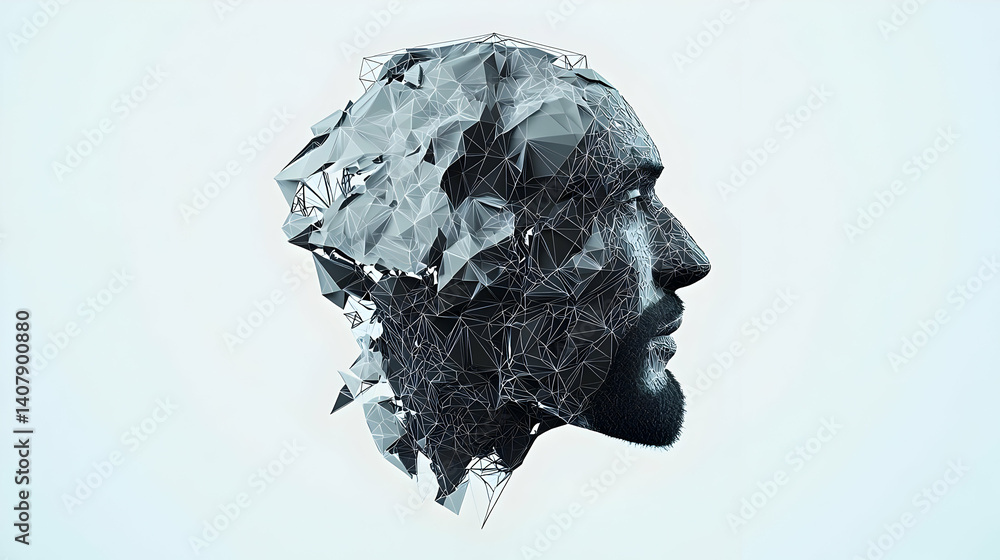 Poster abstract digital art depicting a man's face in profile view formed by pixels particles and geometric