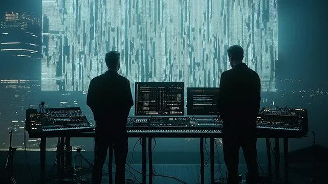Two music producers work at console, futuristic digital backdrop