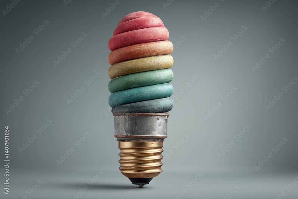 Poster colorful light bulb shaped like an ice cream cone created in a studio with unique design elements