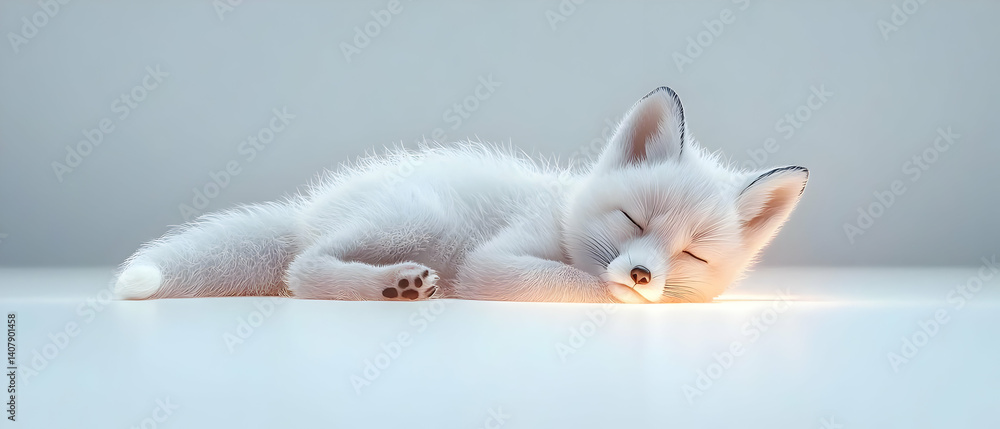 Poster a small white fox cub sleeping peacefully on a bright white surface in a studio setting with a soft 