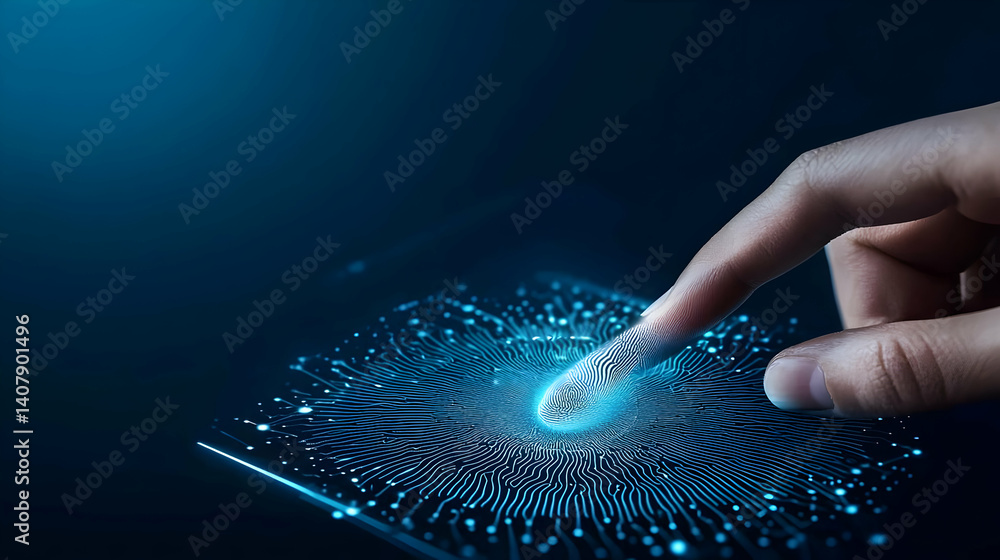 Poster human finger touching digital fingerprint scanning interface in dark blue background for secure acce