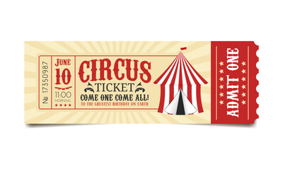retro circus ticket in red and yellow colors, vintage event pass
