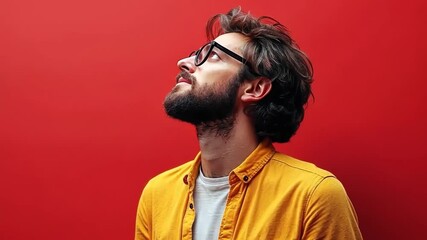 Contemplative Man Against Red Background - Powered by Adobe