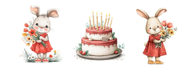 Cute bunnies celebrate birthday with cake, flowers, and candles in a cheerful setting
