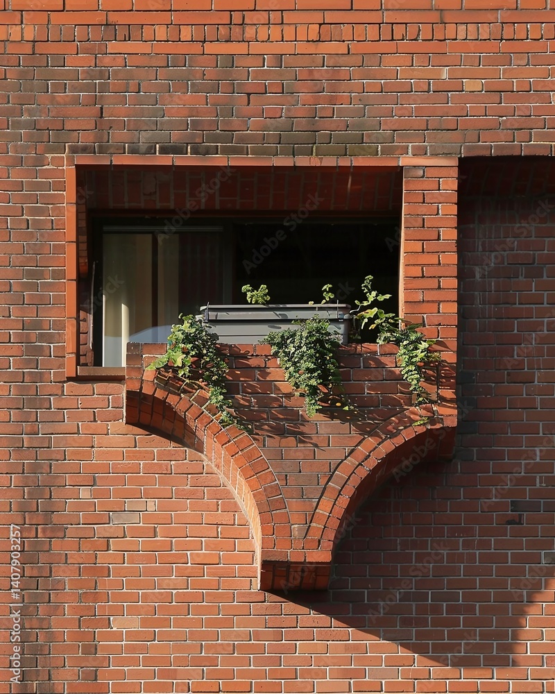 Aufkleber unique architectural design featuring a brick window with a distinctive planter and greenery