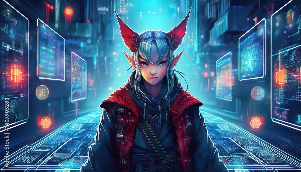 Aufkleber yakuza elf hacker navigating a blockchain datascape a hightech mystery amidst neon glow and cybernet