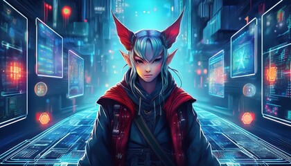 Yakuza Elf Hacker Navigating a Blockchain Datascape A HighTech Mystery Amidst Neon Glow and Cybernetic Landscape, Depicting an Ethereal Meeting of Crime Syndicates and Cryptocurrency in a