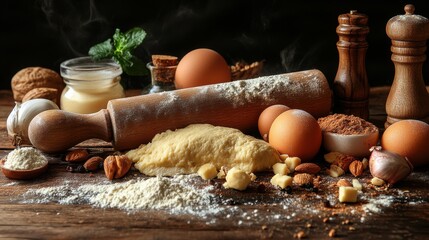 Fototapeta premium composition,rolling pin kitchen utensils,ingredients for dough on wooden background,stock photo