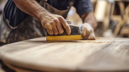 Hispanic carpenter sanding wood for a new piece of furniture. Featuring woodworking and furniture making