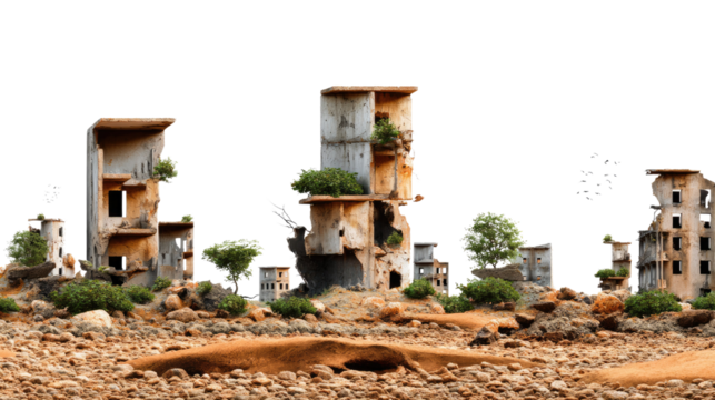 Ruined Buildings in barren land: a haunting cityscape depicts weathered structures reclaimed by nature, set against a dry and desolate landscape.