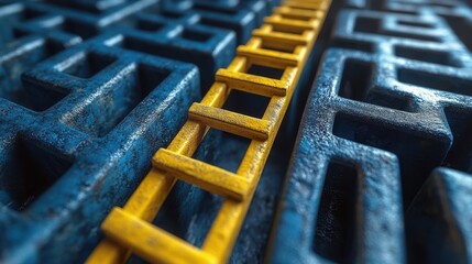 concept solving a complex problem by thinking out of the box or cheating blue maze,floor,a yellow ladder leaned against the wall selective focus,photo stock