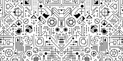A seamless pattern in minimal flat design, pattern, clean bold outlines, white background with geometric futuristic shapes, evenly spaced and tileable
