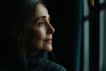 Contemplative woman gazes out window, reflecting on memories and experiences in a cozy, softly lit room
