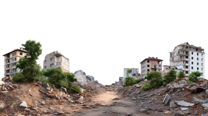 Ruined Cityscape: Desolate urban landscape, ravaged by conflict or disaster.  A path winds through the debris of destroyed buildings, overgrown with resilient vegetation.