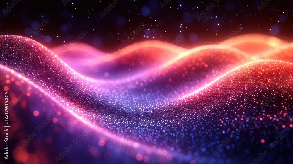 Poster cool toned iridescent waves abstract digital data flow,stock photo