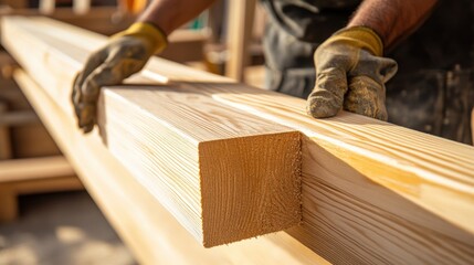 Hispanic carpenter sanding wooden beams in a workshop. Featuring woodworking and carpentry