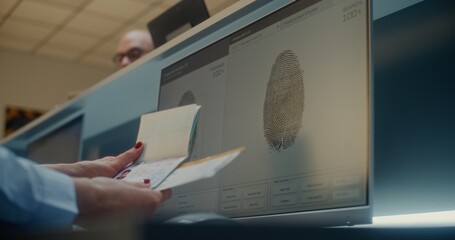 Airport Check-in Counter: Airline Agent Checking Documents, Airplane Ticket in Airport Terminal. Computer Program Analyzing Fingerprint Scanning and Biometric Data of Passenger for Boarding Flight.