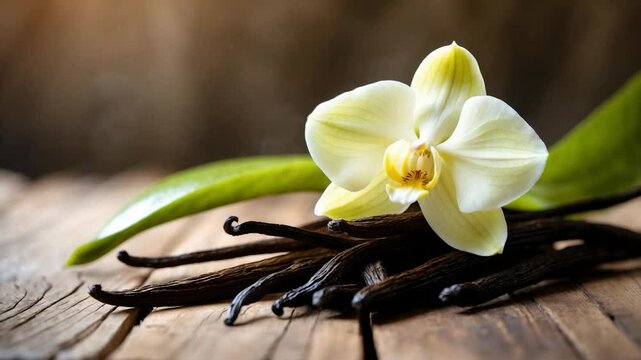 Closeup of aromatic vanilla sticks with a flower on the table