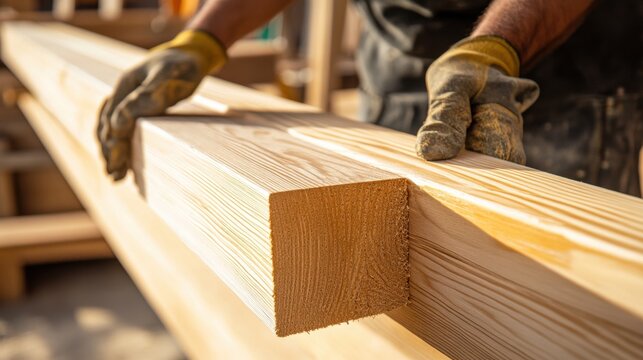 Hispanic carpenter sanding wooden beams in a workshop. Featuring woodworking and carpentry - Powered by Adobe