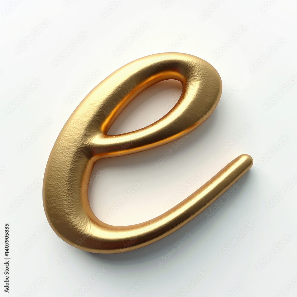 Poster elegant 3d gold lowercase letter e, connected monoline script style. metallic handwritten element is